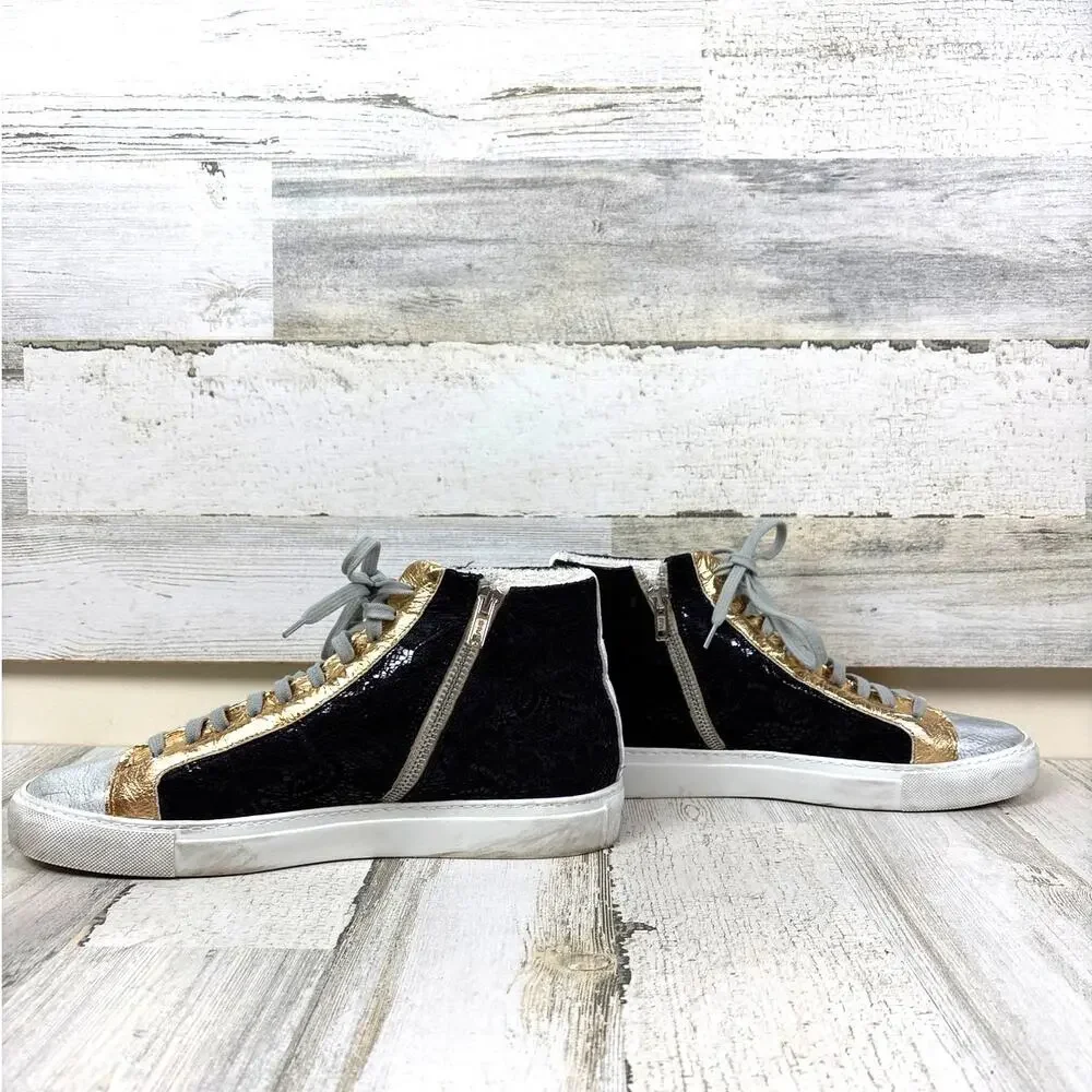 P448 Womens 10 Black Metallic Leather High Top Gold Lace Up Casual Sneakers